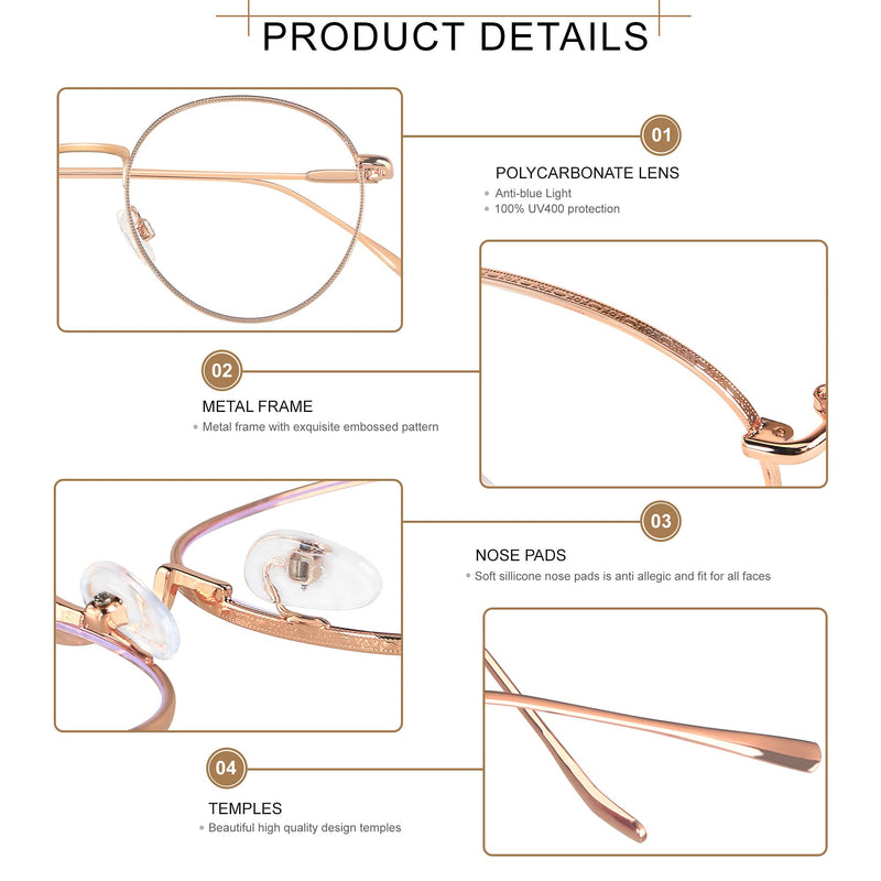 Blue Light Blocking Glasses Women Men Small Face Computer 2 Pack Bluelight Blocker Metal Frame Round (2pack)rose Gold+silver | Anti-blue Light Lens - LeoForward Australia