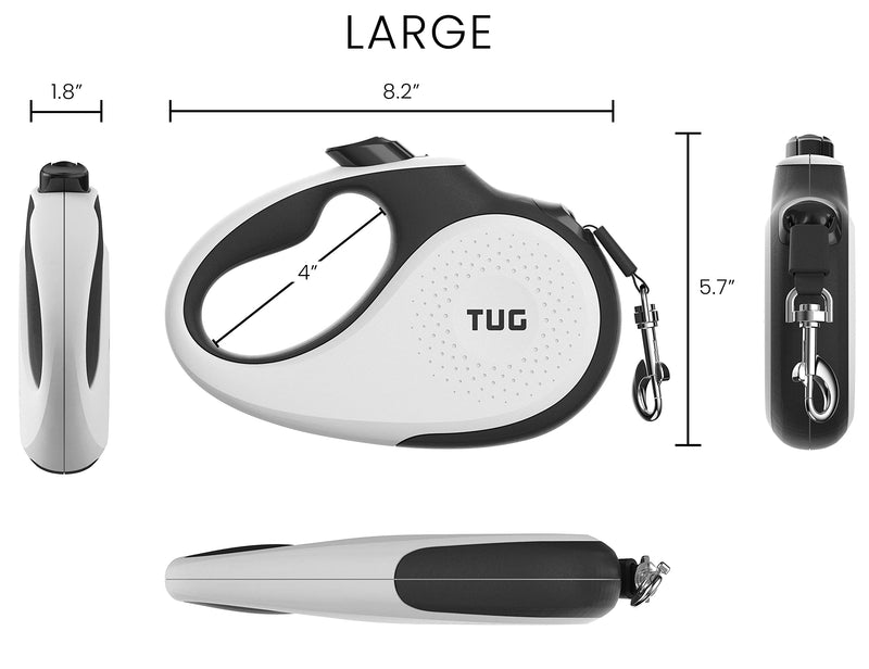 TUG 360° Tangle-Free, Heavy Duty Retractable Dog Leash with Anti-Slip Handle; 16 ft Strong Nylon Tape; One-Handed Brake, Pause, Lock Large White - LeoForward Australia
