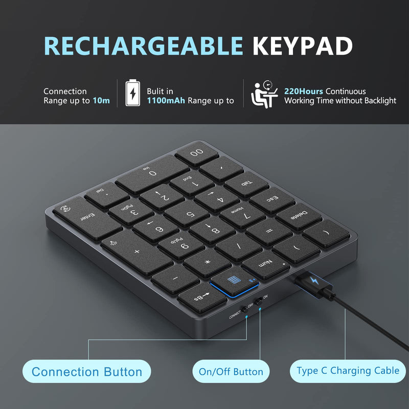  [AUSTRALIA] - 2.4G USB Wireless Backlit Numeric Keypad, Rechargeable Slim Number Keypad with 27 Keys for Computer, Laptop, PC with Windows System, Space Gray