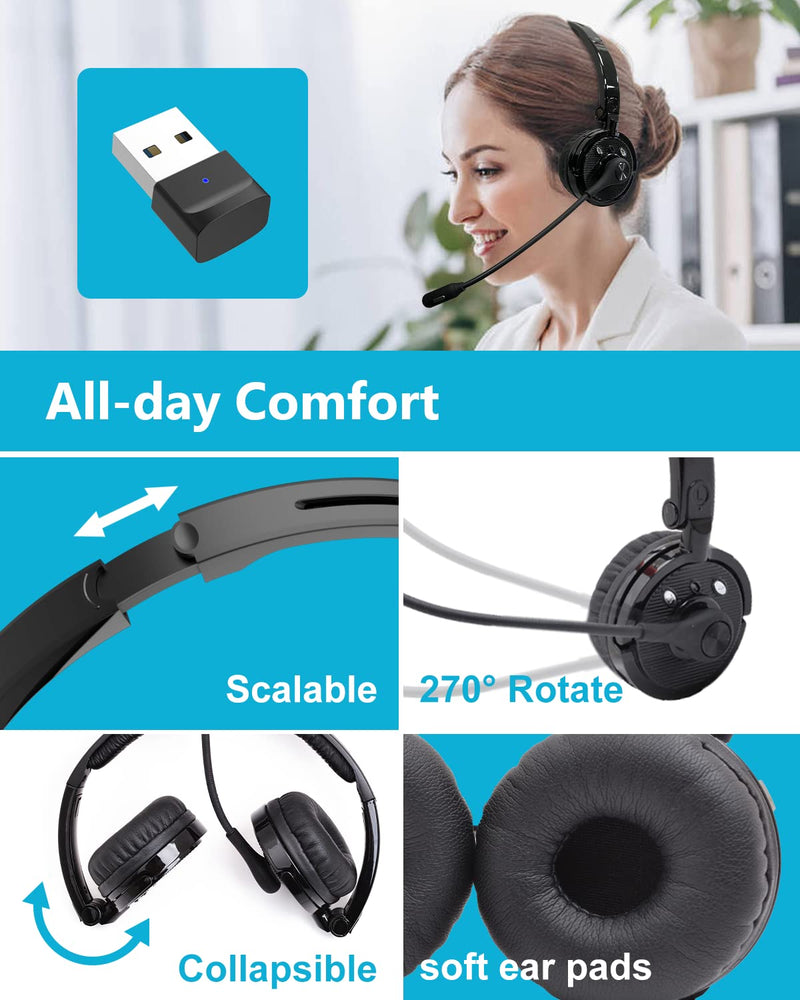  [AUSTRALIA] - Bluetooth Headphones with Microphone USB Dongle/Adapter, ASIAMENG Wireless Bluetooth Headset with Noise Cancelling Mic Mute Button Clear Sound for Computer PC Laptop Cell Phones Office Home