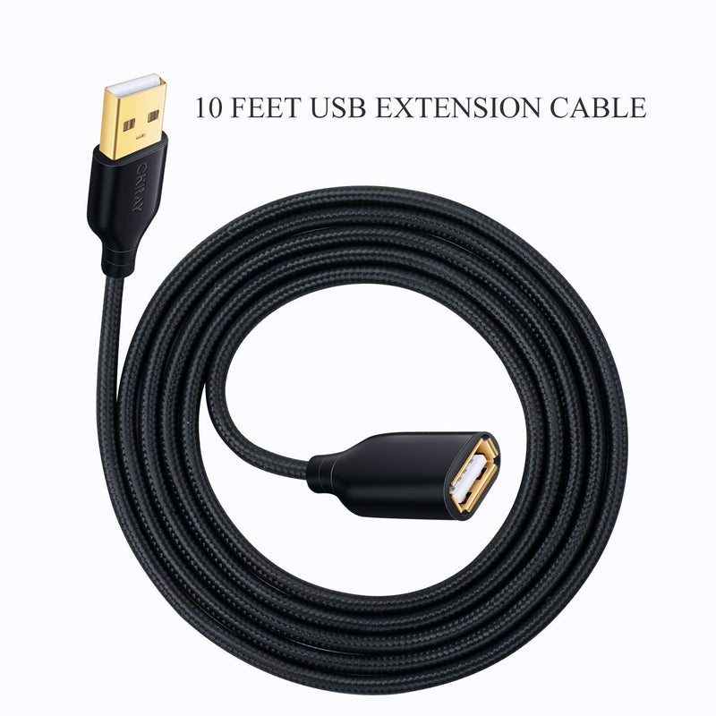  [AUSTRALIA] - USB Extension Cable 10FT, OKRAY 2 Pack Nylon Braided USB 2.0 Extender Cable Cord - A Male to A Female with Gold-Plated Connector Compatible for USB Flash Drive, Mouse, Keyboard, Printer (Black Black) Black Black