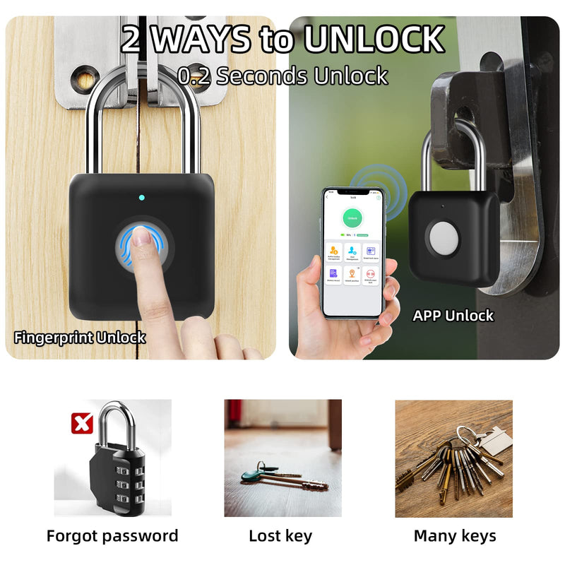  [AUSTRALIA] - Fingerprint Padlock, Pothunder Padlock, Locker Lock, Combination Lock, Gym Locker Lock with Fingerprint and Bluetooth Unlock, USB Rechargeable, Suitable for Gym, Gate, Door, School, Locker(P8BF-Black) Black