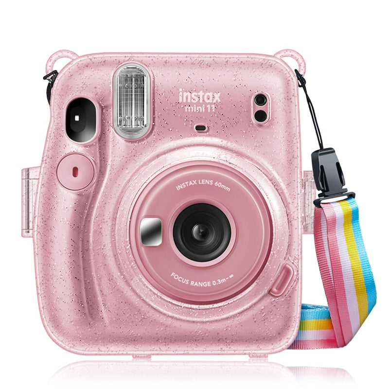  [AUSTRALIA] - Fintie Protective Clear Case for Fujifilm Instax Mini 11 Instant Film Camera - Crystal Hard Shell Cover with Removable Rainbow Shoulder Strap, Glittering Pink