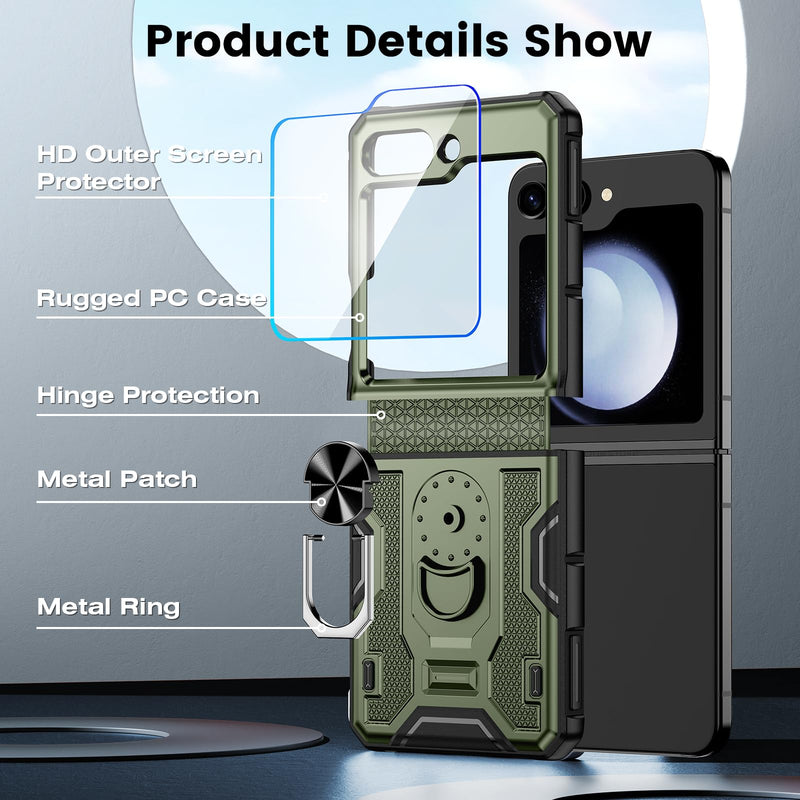  [AUSTRALIA] - Caka for Samsung Flip 5 Case, Galaxy Z Flip 5 Case Built in Back Screen Protector & Hinge Protection, Z Flip 5 Case with 360°Rotate Ring Stand, Protective Case for Samsung Galaxy Flip 5 2023-Green Green