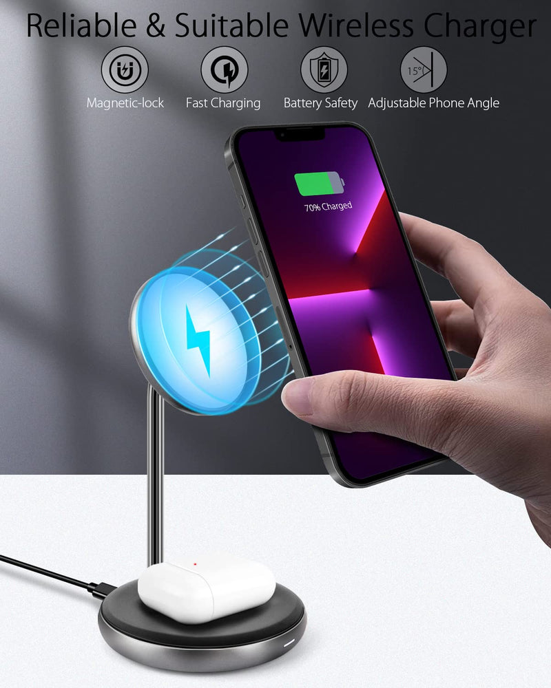  [AUSTRALIA] - TWOPAN Wireless Charger iPhone 13, Aluminum 2-in-1 iPhone Mag-Safe Charger Stand & 4 ft USB C Cable, Magnetic Wireless Fast Charging Station for iPhone 13/12/Pro Max/Mini, AirPods Pro/2 (No Adapter)