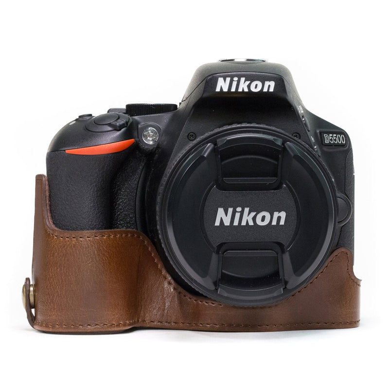  [AUSTRALIA] - MegaGear Nikon D5600, D5500 Ever Ready Leather Camera Half Case and Strap, with Battery Access - Dark Brown - MG1171