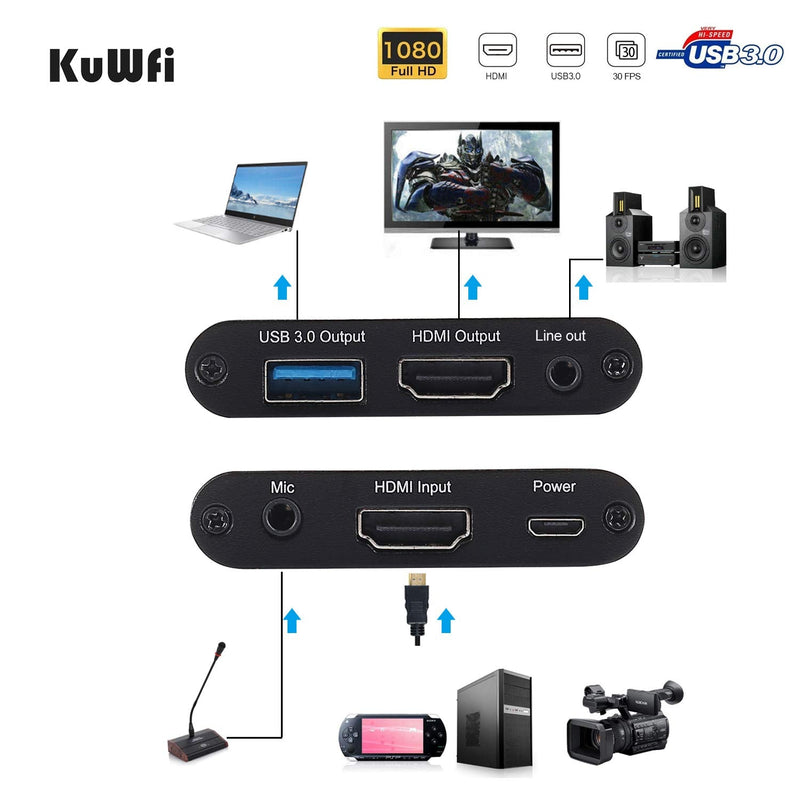  [AUSTRALIA] - KuWFi Game Video Capture Device Card HDMI to USB3.0 HD Video Converters Game Streaming Live Stream Broadcast HD 1080P with MIC Input&Live Out for PS4/Switch/Xbox/skype