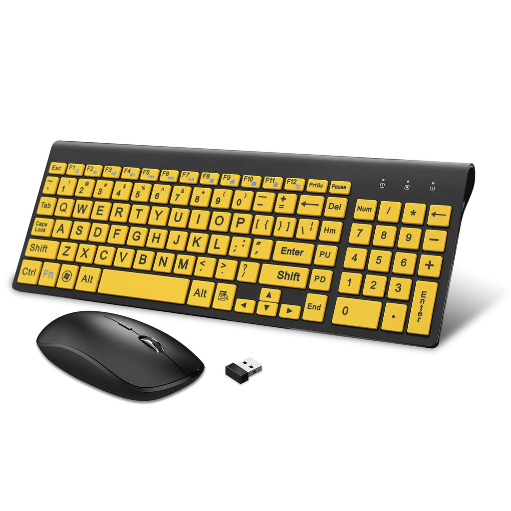  [AUSTRALIA] - Wireless Large Print Keyboard and Mouse Combo Set with USB Receiver for Visually Impaired Low Vision Individuals-Yellow