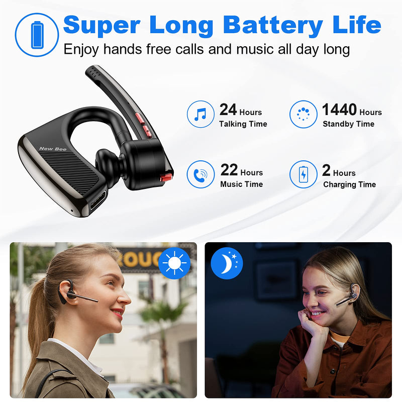  [AUSTRALIA] - Bluetooth Headset New bee 24Hrs Talktime CVC8.0 Dual Mic Noise Cancelling Bluetooth Earpiece V5.2 Wireless Headset for Cell Phone/iPhone/Android/Driver/Business/Office Black