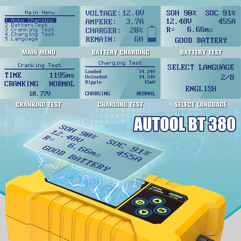 AUTOOL BT380 Car Smart Battery Tester & Car Battery Charger, Automotive Battery Tester Analyzer, Car Power Bank CCA2400 for 12V Vehicles - LeoForward Australia