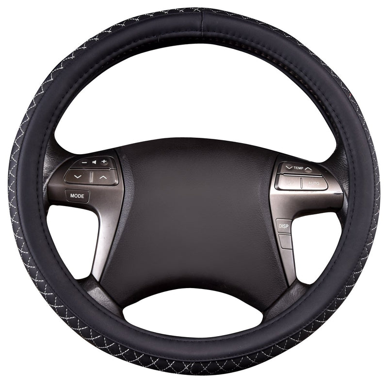  [AUSTRALIA] - HORSE KINGDOM Genuine Leather Universal Steering Wheel Cover Breathable Fit Car Truck SUV Air-mesh Non-Slip Line (Black with White) black with white