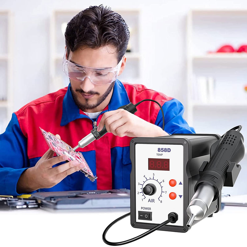  [AUSTRALIA] - 858D hot air soldering station, techextra hot air soldering device, rework station LED digital display 100-480°C, 700W hot air soldering station with 3 hot air dryer mouthpieces for BGA, SOIC, CHIP, QFP, PLCC SMD 858D