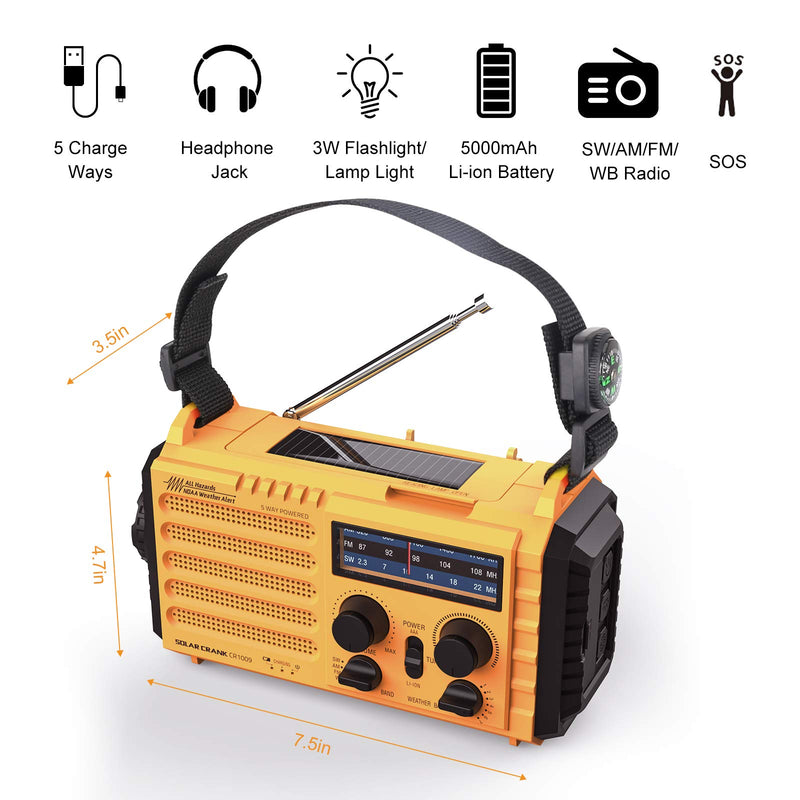 Weather Radio Raynic 5000mAh Solar Hand Crank Emergency Radio 5 Ways Powered AM/FM/SW/NOAA Weather Alert Portable Radio with Flashlight, Reading Lamp, Cellphone Charger and SOS Alarm (Yellow) - LeoForward Australia