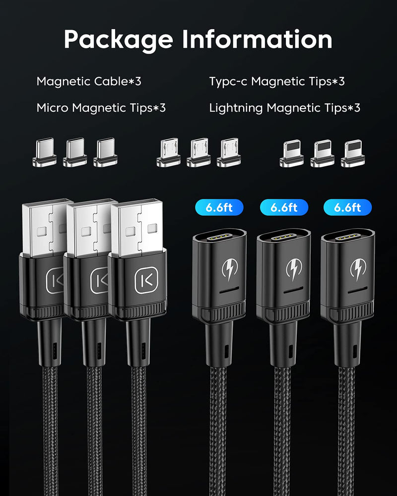  [AUSTRALIA] - KUULAA 3Pack Magnetic Charging Cable USB C,3A Fast Charging/Data Transmission with 3 in 1 Charging Tips Nylon-Braided Phone Cable Compatible for iProduct/Type C/Micro Device(6.6ft/6.6ft/6.6ft) 6.6,6.6,6.6ft Black