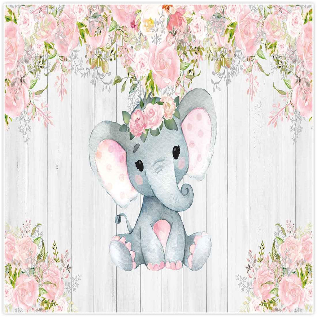  [AUSTRALIA] - Allenjoy 8x8ft Rustic White Wood Elephant Backdrop Supplies for Baby Shower Pink Floral It's a Girl Newborn Kids Birthday Party Decorations Studio Cake Smash Candy Dessert Photography Banners Props