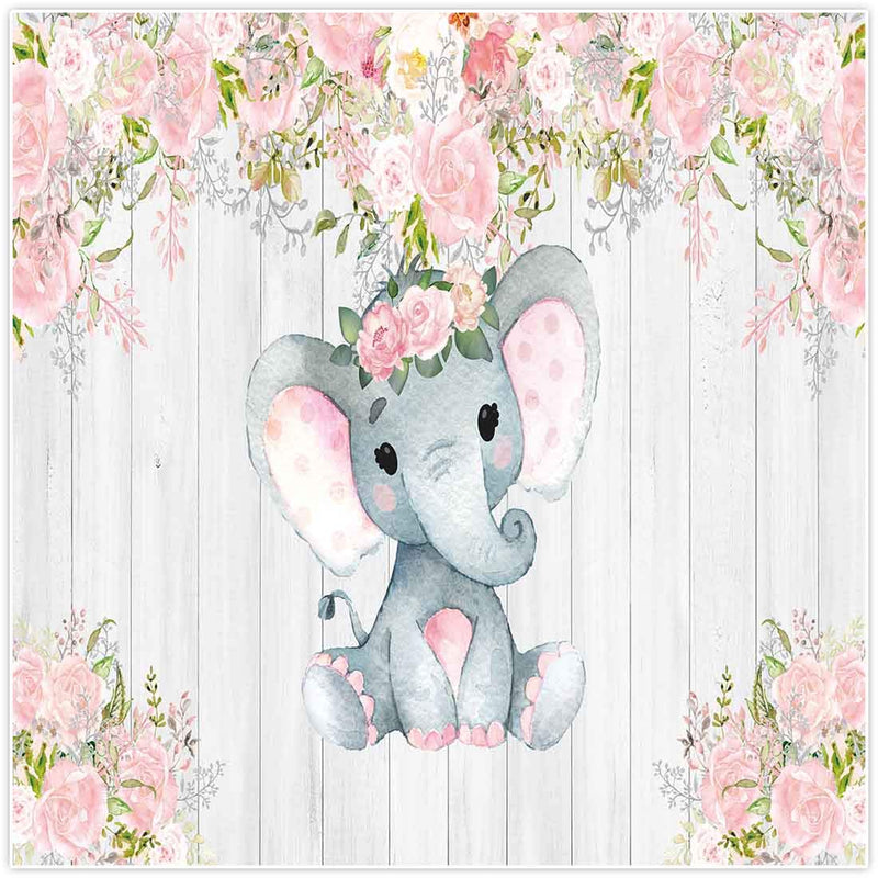  [AUSTRALIA] - Allenjoy 8x8ft Rustic White Wood Elephant Backdrop Supplies for Baby Shower Pink Floral It's a Girl Newborn Kids Birthday Party Decorations Studio Cake Smash Candy Dessert Photography Banners Props