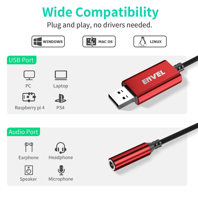  [AUSTRALIA] - ENVEL USB to 3.5mm Audio Jack Adapter(20cm), Built-in Chip External Sound Card,Mic-Supported Audio Adapter with 3.5mm Aux Stereo Converter Compatible with Headset PC Laptop Desktops PS4 PS5 (Red) Red