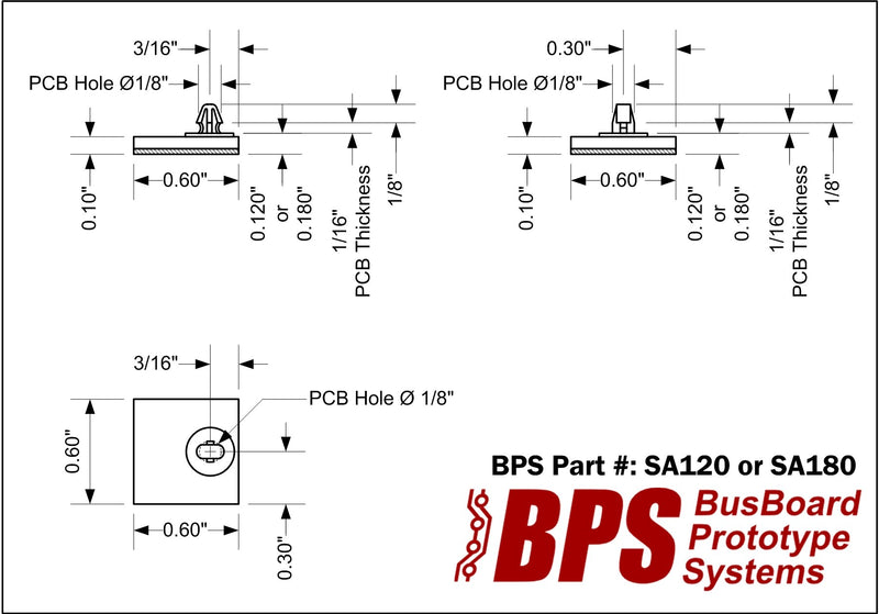 BusBoard Prototype Systems SA180 Adhesive Standoffs, 24 Pack, 0.180" Height, Offset 0.6x0.6 Base, Fits 0.125" PCB Hole - LeoForward Australia