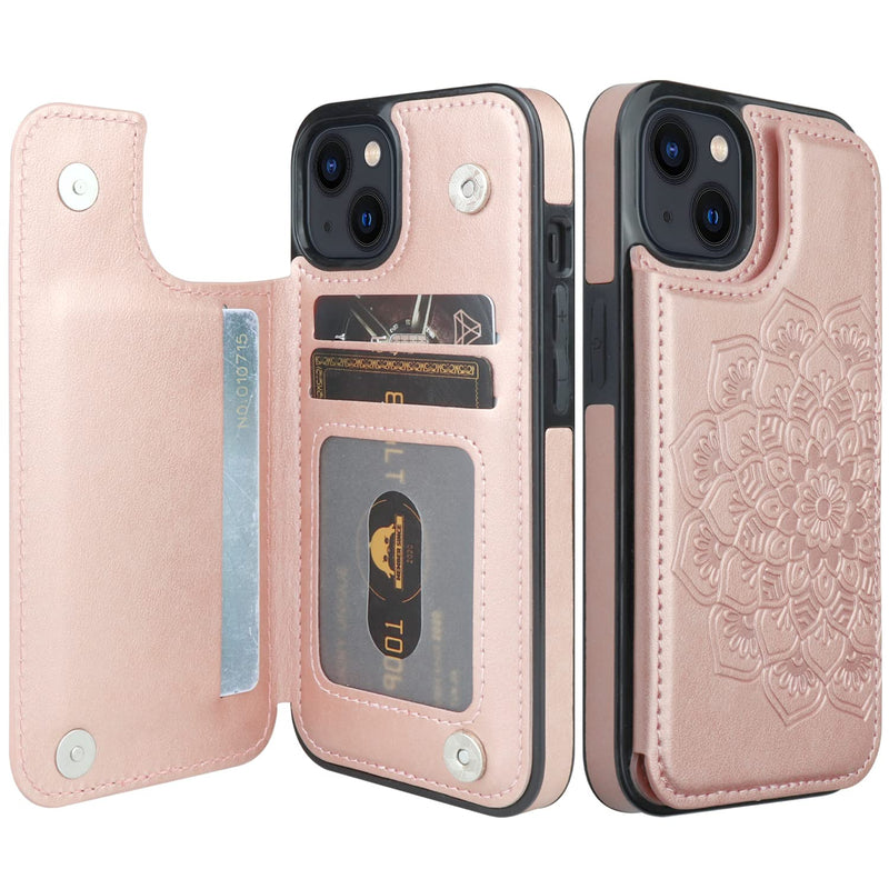  [AUSTRALIA] - Nvollnoe for iPhone 13 Case with Card Holder Heavy Duty Protective Durable Leather RFID Blocking Shockproof Slim Credit Card Slot Wallet Case for iPhone 13 for Women&Girls(Rose Floral) for iPhone 13-6.1''(2 Lens) Rose Gold
