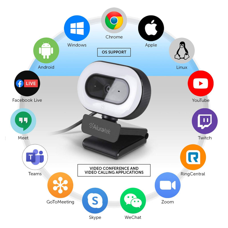  [AUSTRALIA] - Aluratek 1080p HD Webcam with Ring Light, Auto Focus and Directional Noise Cancelling Mic, Universally Compatible, LED Adjustable Ring Light AWCL05F