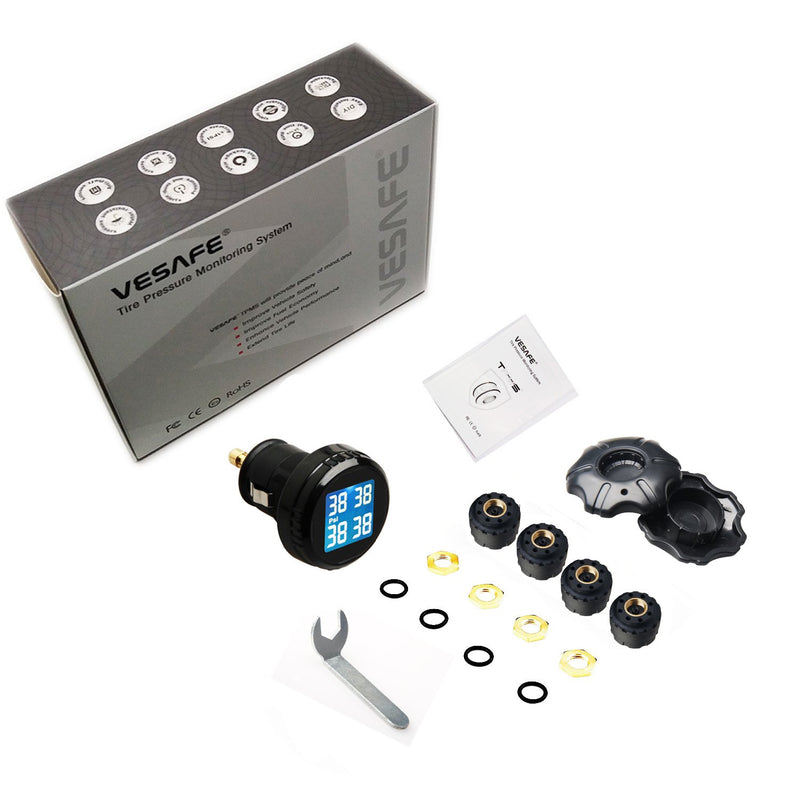 VESAFE Wireless Tire Pressure Monitoring System (TPMS), with 4 external cap sensors. (Cigarette Lighter Plug) - LeoForward Australia