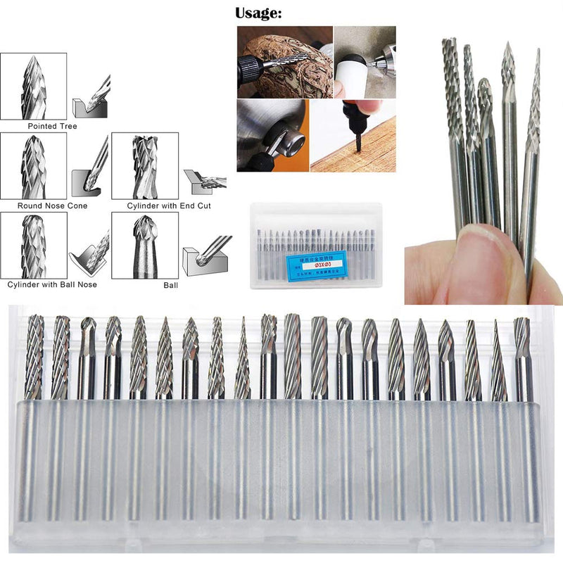 KOTVTM 20pcs Carbide Burr Set 0.118'' Shank Tungsten Carbide Rotary Burrs with 3mm Single/Double Cutting Head Diameter Fits Most Rotary Drill Die Grinder,Woodworking,Engraving,Drilling,Carving - LeoForward Australia