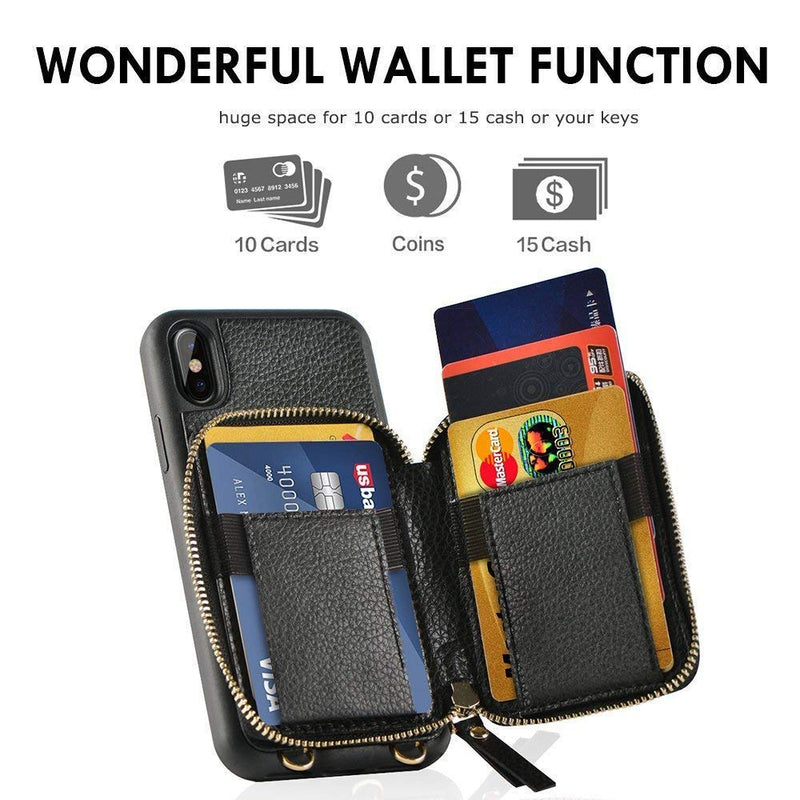  [AUSTRALIA] - ZVE Case for Apple iPhone Xs and X, 5.8 inch, Wallet Case with Crossbody Chain Strap Credit Card Holder Slot Zipper Shoulder Handbag Purse Wrist Strap Case Cover for Apple iPhone X and XS - Black