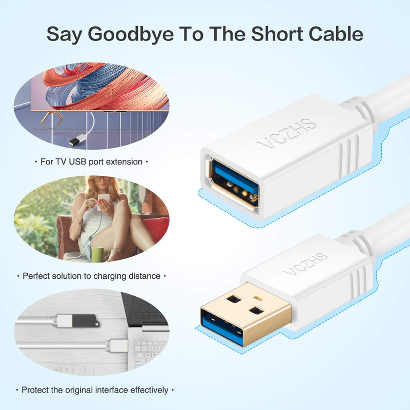 Short USB 3.0 Extension Cable White 1 ft, VCZHS USB 3.0 Male to Female Extension Cable USB 3.0 Extender Cord 1FT - LeoForward Australia