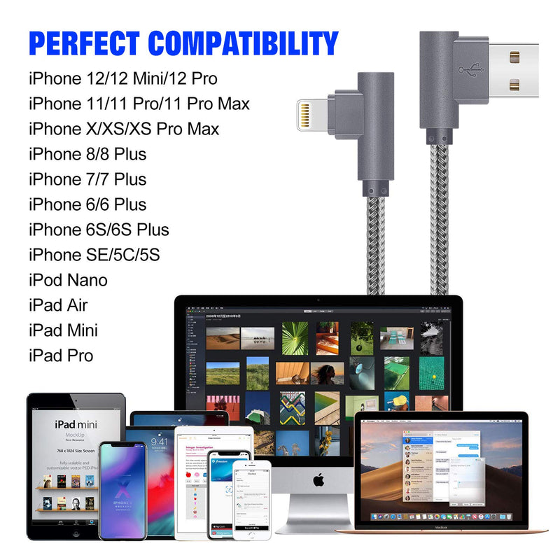  [AUSTRALIA] - MFi Certified 10FT Lightning Cable iPhone Charger Cord 90 Degree Fast Data Cable Nylon Braided Compatible with iPhone Xs Max/XS/XR/7/7Plus/X/8/8Plus/6S/6S Plus/SE (Gray, 10FT) Gray