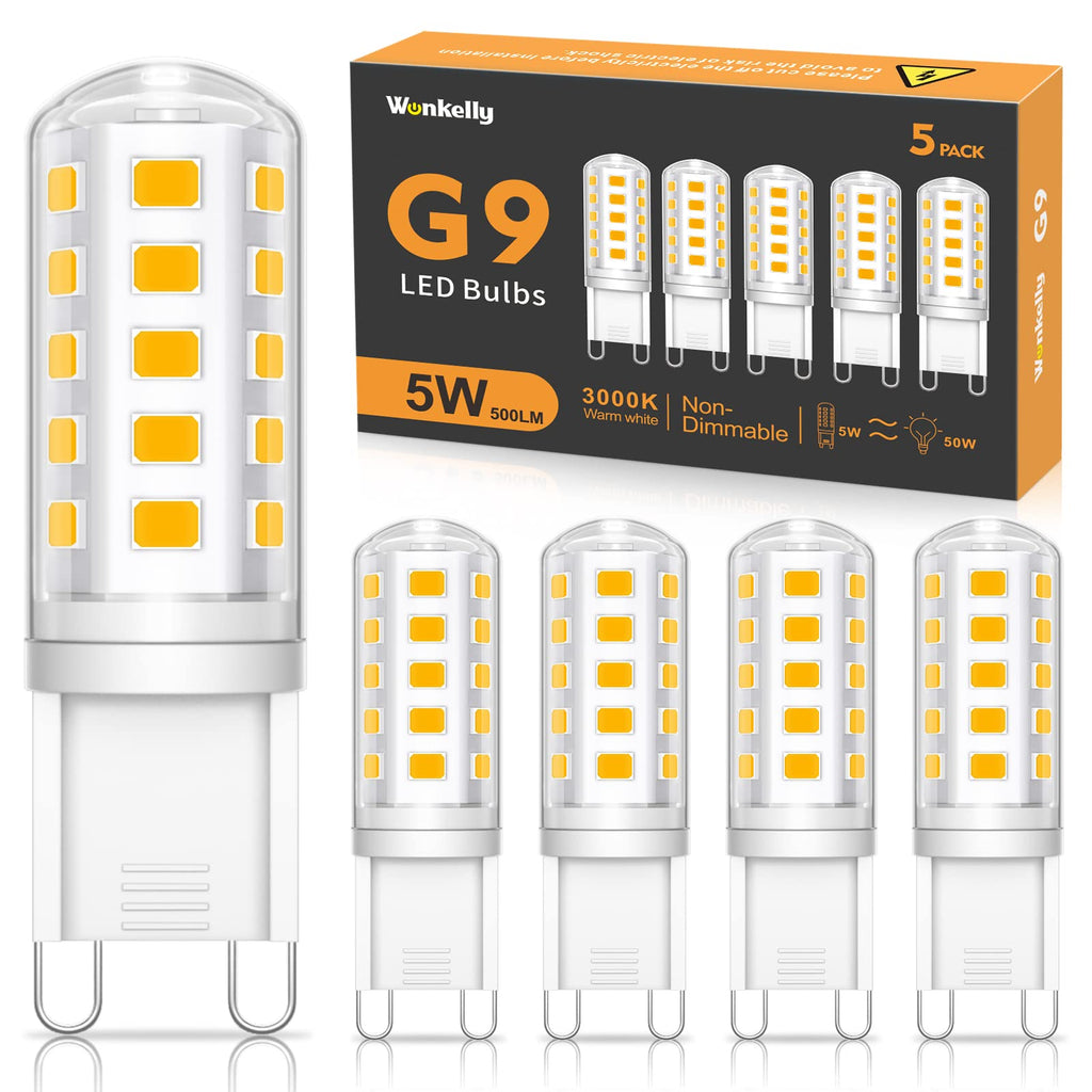  [AUSTRALIA] - Wonkelly G9 LED lamps warm white, 5W, 500LM, 3000K, replacement for 50W halogen lamp, G9 LED bulb, not dimmable, no flicker, 360° beam angle, AC 220-240V, energy-saving light bulb-5 pieces warm white