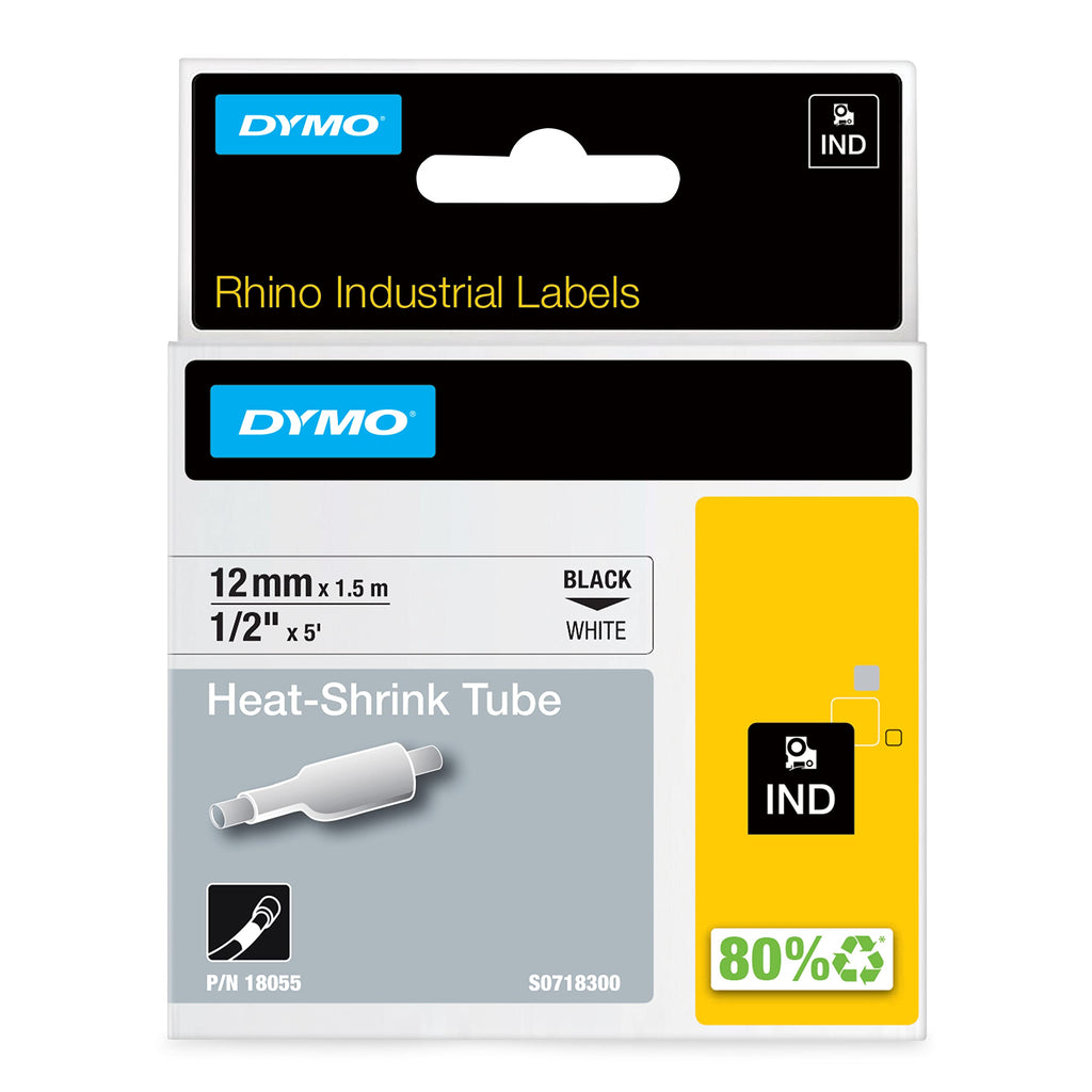  [AUSTRALIA] - DYMO Industrial Heat Shrink Tubes for DYMO LabelWriter and Industrial Label Makers, Black on White, 1/2", (18055) 1/2" (12MM)
