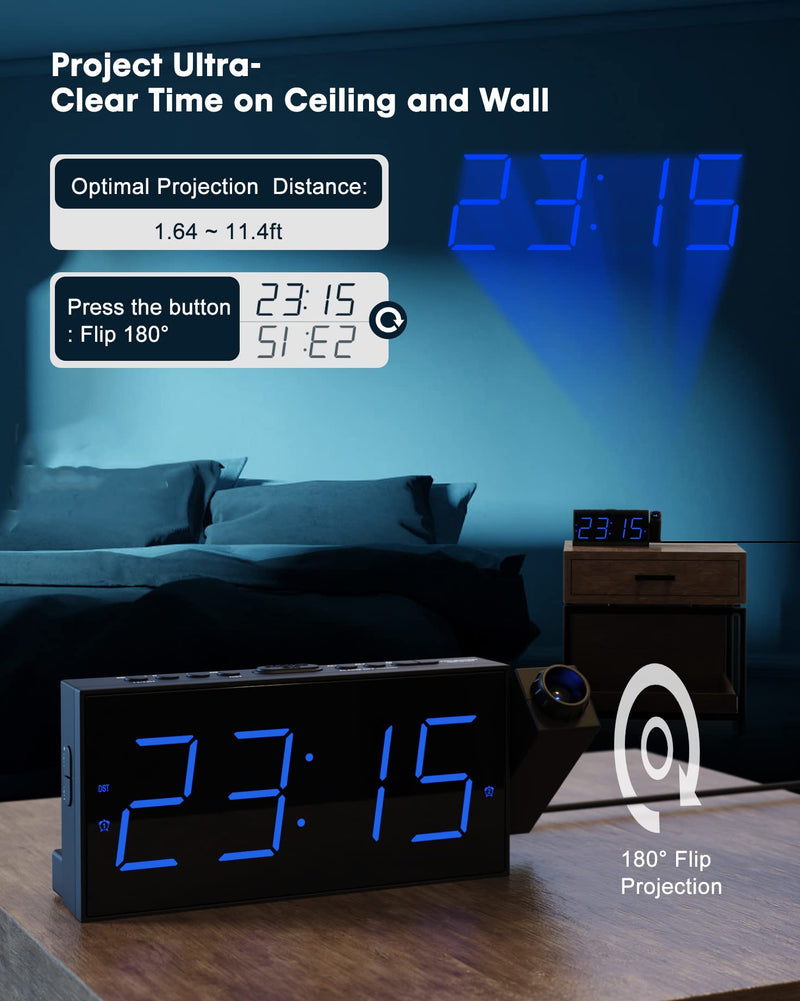  [AUSTRALIA] - Projection Alarm Clock for Bedroom,LED Digital Clock Projection on Ceiling Wall with USB Phone Charging,Battery Backup,180°Projector& Dimmer,12/24H,DST,Snooze,Dual Loud Bedside Clock for Heavy Sleeper Blue