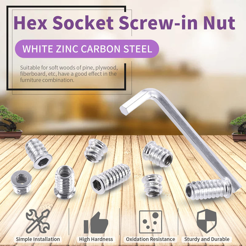  [AUSTRALIA] - Swpeet 50Pcs 1/4" - 20 x 25mm White Zinc Plated Carbon Steel Carbon Furniture Screw in Nut Threaded Wood Inserts Threaded Inserts Bolt Fastener Connector Hex Socket (1/4" - 20 x 25mm)
