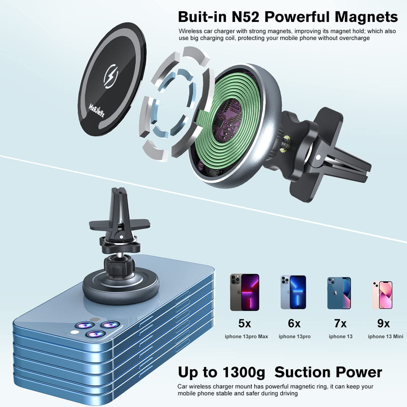  [AUSTRALIA] - Magnetic Wireless Car Charger 2-in-1 Air Vent/Dashboard/Windshield Auto-Alignment Phone Holder for Magsafe Mount iPhone14, 13, 12, Pro, Pro Max, Mini Fast Charging （Aluminum Shell Heat Dissipation）
