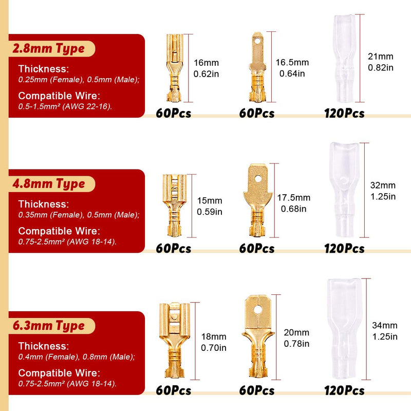  [AUSTRALIA] - Hilitchi 720Pcs Gold Quick Splice Male and Female Wire Spade Connector Wire Crimp Terminal Block with Insulating Sleeve for Electrical Wiring Car Audio Speaker, 2.8mm 4.8mm 6.3mm Assortment Kit