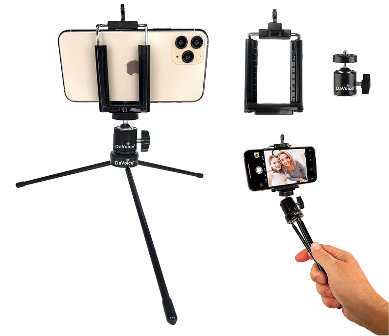  [AUSTRALIA] - DaVoice Metal Tabletop Tripod with 360° Ball Head Camera Mount, Includes Cell Phone Adapter Clip Compatible with iPhone Samsung, Mini Desk Table Top Tripod Stand Holder for Video YouTube Selfie Stick
