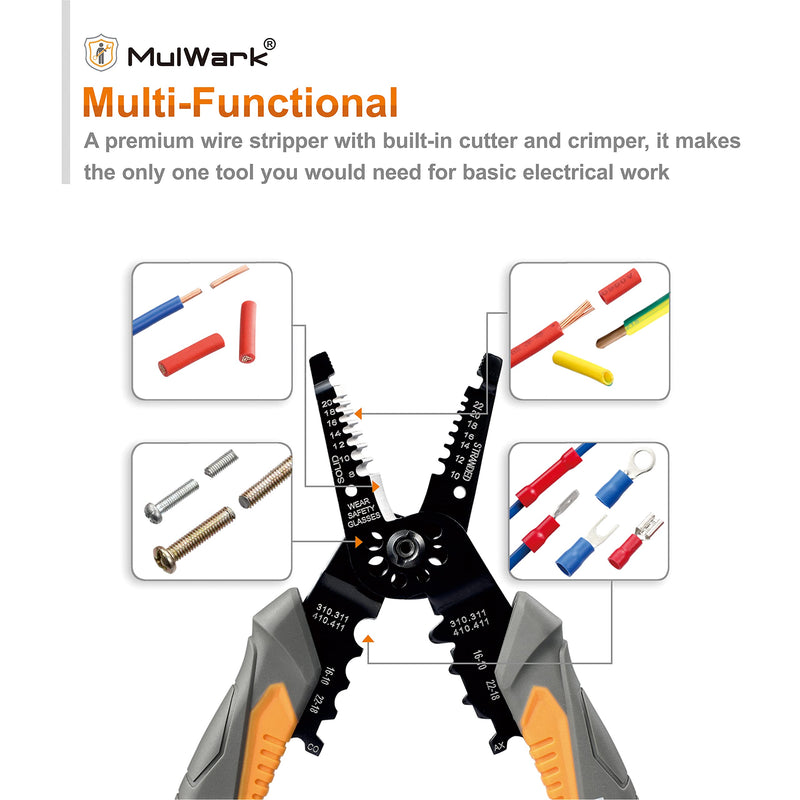  [AUSTRALIA] - MulWark 8" Heavy Duty Multi-Purpose Electrical Wire Stripping Tool (22 AWG - 8 AWG) Strippers, Snips, Crimpers & Pliers Insulated with Cutter, Best Tool For Professional Electrician - Upgraded