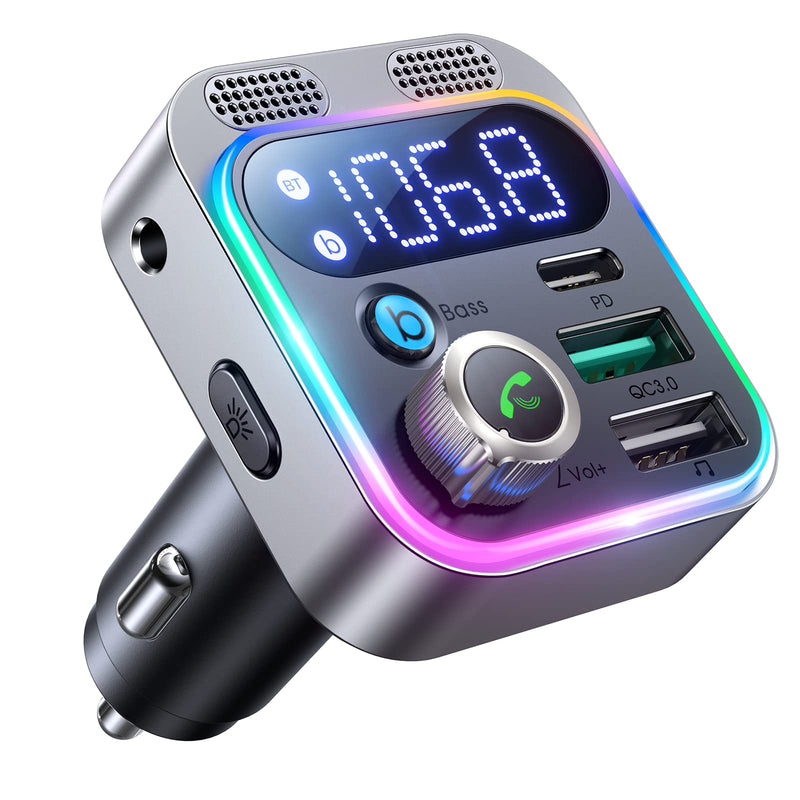  [AUSTRALIA] - 2022 Bluetooth 5.3 FM Transmitter for Car, JOYROOM [Stronger Dual Mics & HiFi Deep Bass Sound] , 48W PD&QC3.0 Bluetooth Car Adapter, Hands-Free Calling, Larger LED, AUX Output & U Disk