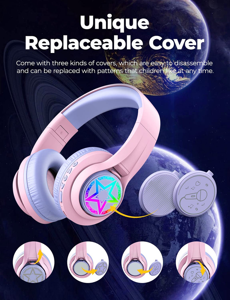  [AUSTRALIA] - iClever TransNova Kids Bluetooth Headphones Light Up Replaceable Plate, 74/85/94dB Volume Limited, 45H Playtime, Stereo Sound, Wireless Kids Headphones with Mic for School/Airplane/Tablet, Pink