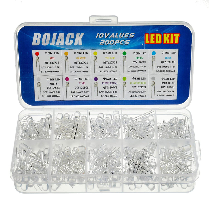  [AUSTRALIA] - BOJACK 10 Colors 200 Pieces 5mm LED Diodes Assortment Kit Pack (Transparent, 2V - 3.2V, 20mA) Light Bulbs Electronic Components 5mm LEDs 10V 200P
