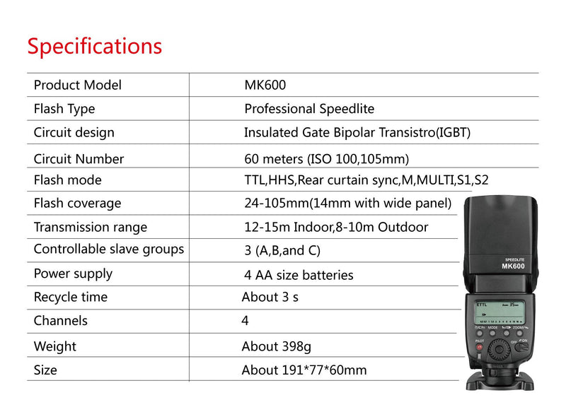  [AUSTRALIA] - Meike MK600 High Speed Sync TTL Speedlight Camera Flash Compatible with DSLR Cameras 1300D 70D 6D 5DII 5DIII 7D 60D 550D 600D 650D 800D 4000D,etc