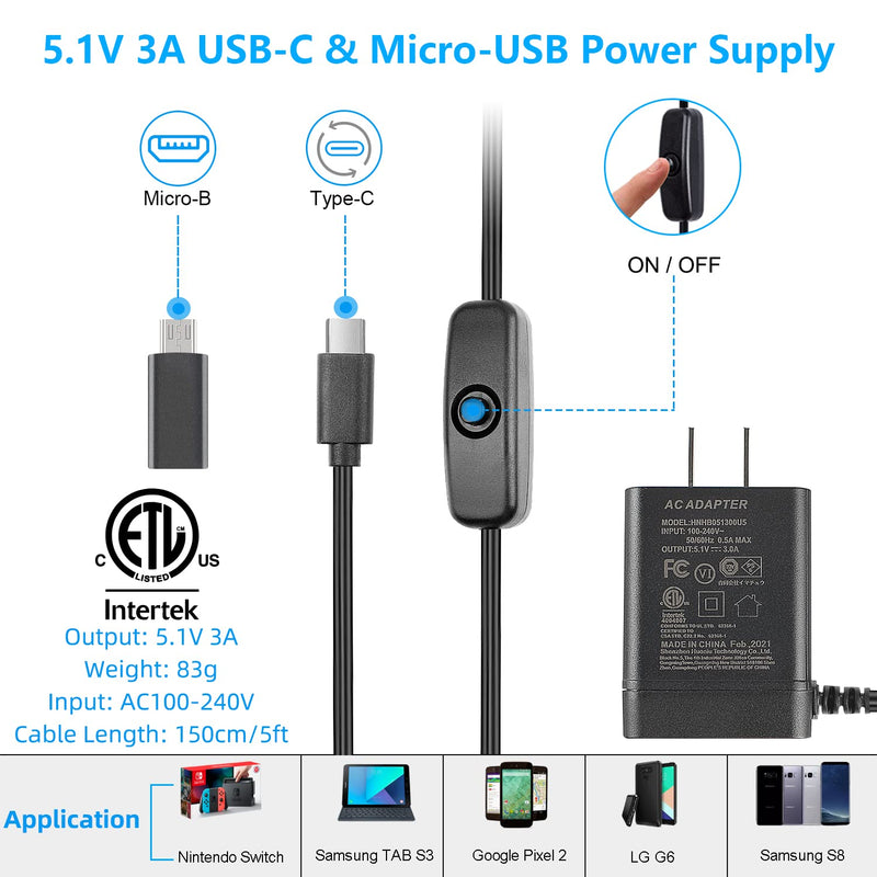  [AUSTRALIA] - Smraza 5.1V 3A Power Supply Compatible with Raspberry Pi 4ON/Off Switch, USB-C Pi 4 Charger 60 Degree Rotation Raspi 4B Adapter for Raspberry Pi 4 Model B 1GB 2GB 4GB 8GB Version