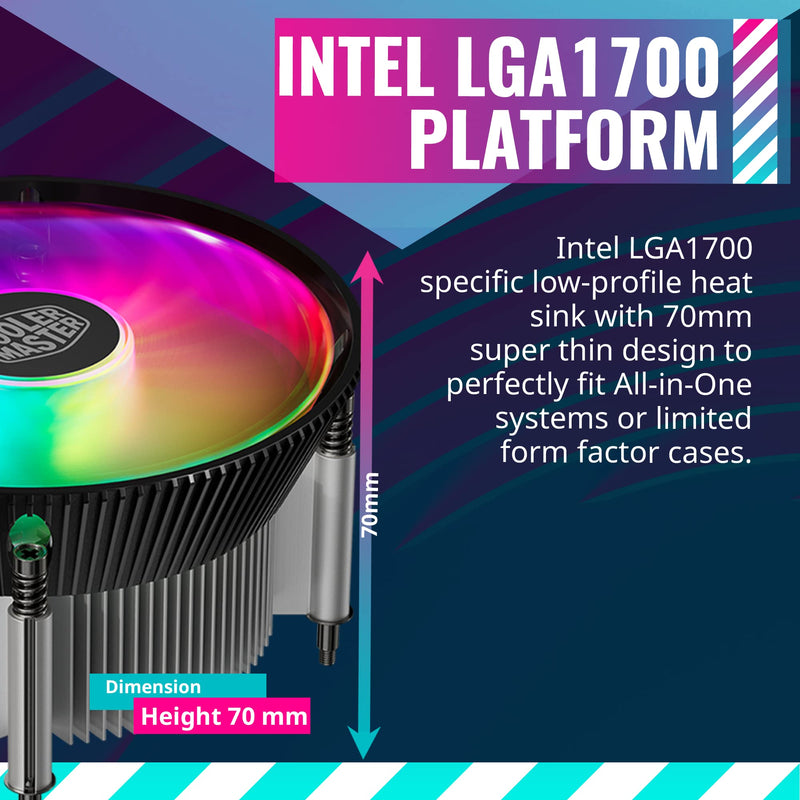  [AUSTRALIA] - Cooler Master i70C LGA1700 ARGB Intel Low-Profile CPU Air Cooler, Anodized Black Aluminum Fins, Copper Insert Base, 95W TDP CPU Support, 120mm ARGB 3-Pin Fan for Intel LGA1700
