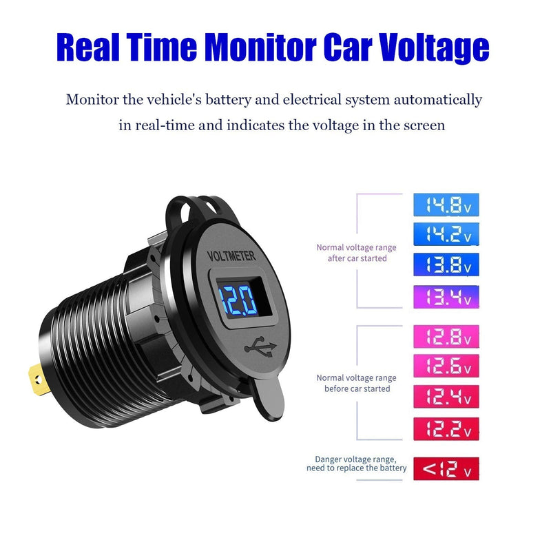  [AUSTRALIA] - YONHAN 12V USB Outlet Quick Charge 3.0 Dual USB Charger Socket, USB Cigarette Lighter Socket with LED Voltmeter, Waterproof Aluminum Car Charger Adapter DIY Kit for Car Marine Truck Golf Cart RV, etc. Blue