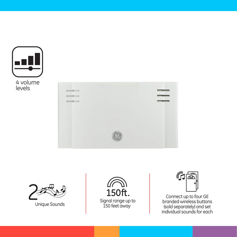  [AUSTRALIA] - GE Wireless Doorbell Kit, Battery-Operated Receiver, 1 Push Button, 2 Melodies, 4 Volume Levels, 150 Ft Range, Mountable, White, 19247