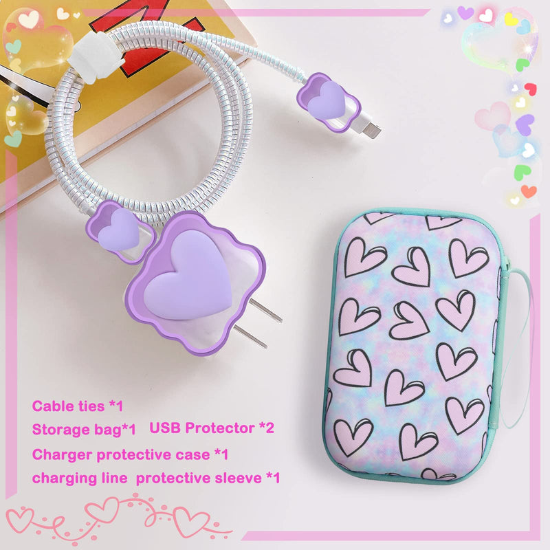  [AUSTRALIA] - Phone Charger Storage Case Set with Purple 3D Love Heart Carrying Cover Bag Kawaii Cute DIY Cable Protector Charger Accessories USB line Travel Cable Organizer,Compatible for iPhone Purple Heart