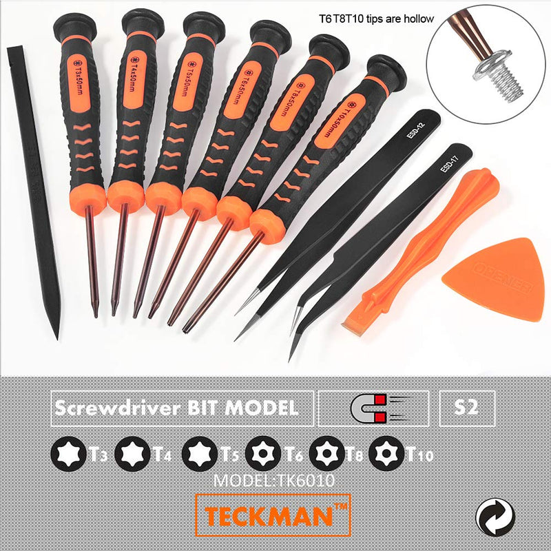  [AUSTRALIA] - TECKMAN 10 in 1 Torx Screwdriver Set with T3 T4 T5 T6 T8 T10 Security Torx Bit & ESD Tweezers,Magnetic Screwdrivers Precision Repair Kit for Xbox,PS4,Macbook,Computer,Doorbell & Folding knife