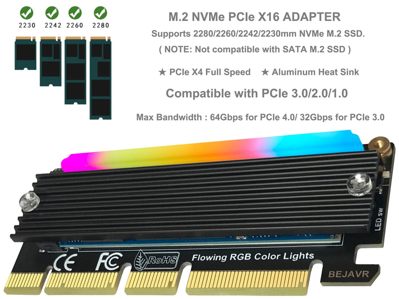  [AUSTRALIA] - Bejavr M.2 PCIe NVMe Adapter SSD Expansion Card with RGB Light Bar and Aluminum Heatsink Solution, Supports PCI-Express 3.0 4.0 and X4 X8 X16 Slots.