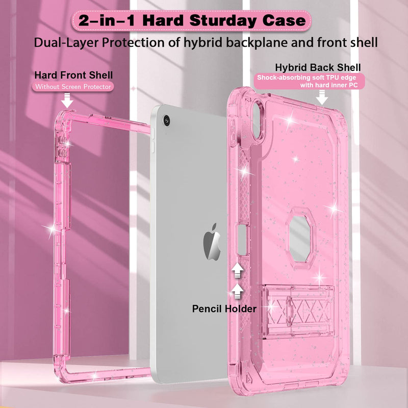  [AUSTRALIA] - ZoneFoker Case for iPad 10th Generation 10.9 inch 2022, Heavy Duty Shockproof Rugged Protective with Pencil Holder, 10.9" 10 Gen Translucent Cover with Kickstand for Kids, Pink Glitter