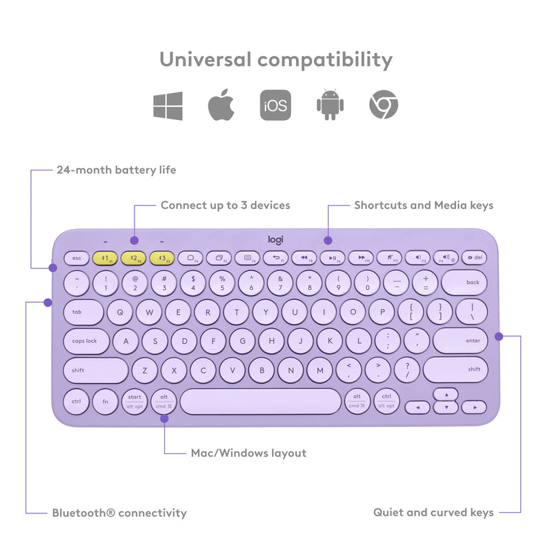  [AUSTRALIA] - Logitech K380 Multi-Device Bluetooth Wireless Keyboard with Easy-Switch for Up to 3 Devices, Slim, 2 Year Battery-PC, Laptop, Windows, Mac, Chrome OS, Android, iPadOS, Apple TV - Lavender Lemonade